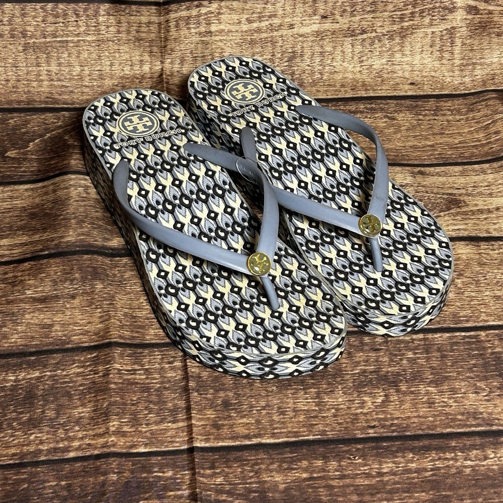 Tory Burch Womens Thandie Wedge Pattern Flip-Flops Sandals Blue‎ Strap Size 10.5
